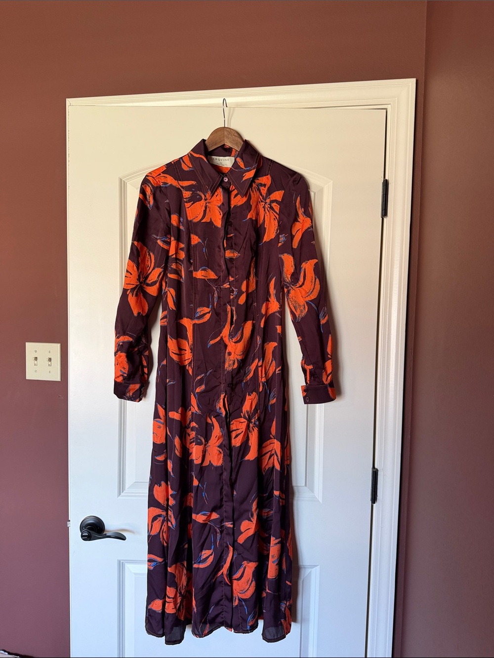 Anthropologie Long-Sleeve Floral Maxi Dress in Burgundy and Orange